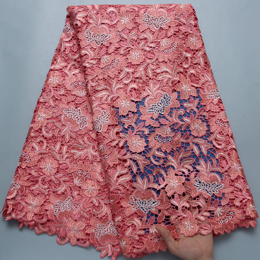 African Guipure Cord Lace Fabric with Rhinestones, Nigerian Lace Fabric for Sew Wedding Party Dress image 2