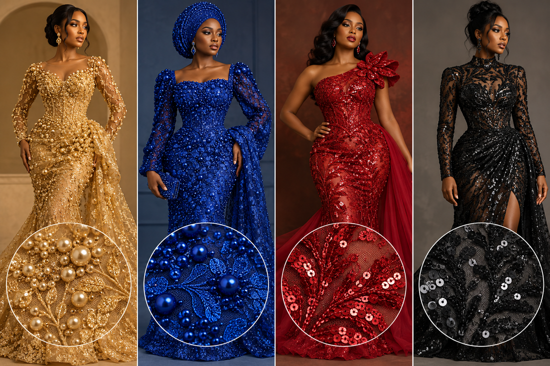 Gold and royal blue beaded lace compared with red and black sequin mesh lace styles