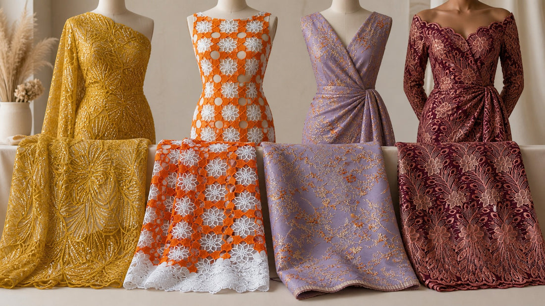 Four African lace fabric types shown with matching outfit inspirations