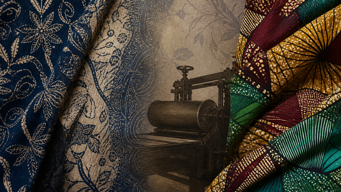 Editorial textile collage showing batik-inspired cloth, historic textile printing and contemporary African wax-print fabric