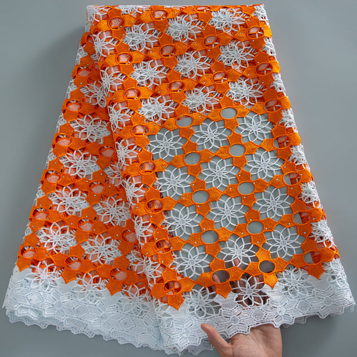 Actual orange and white Guipure lace fabric