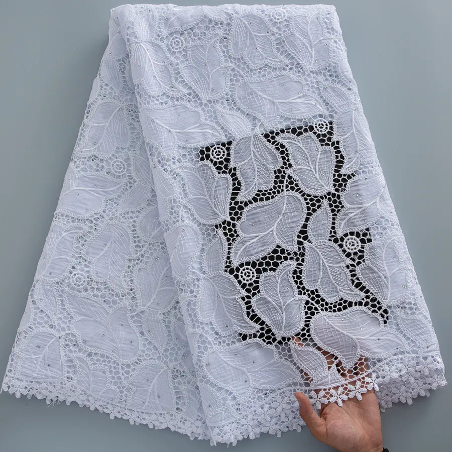 [codex-media-0] Guipure Cord Lace Fabric with Rhinestones | 5 Yards/pc Nigerian Water Soluble Lace Fabric image 1