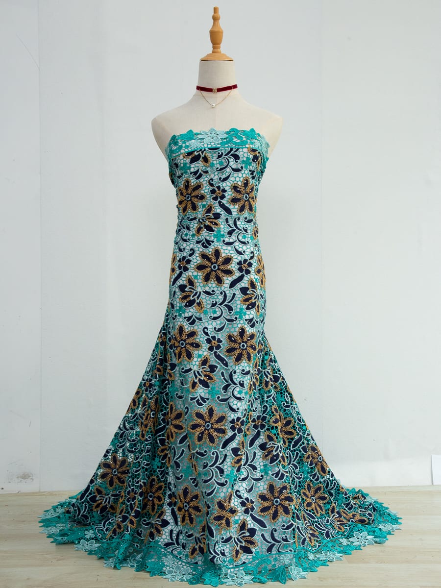 [codex-media-0] Afarican Guipure Cord Lace Fabric with Rhinestones, Nigerian Water Soluble Lace Fabric for Sewing Party Dresses image 1