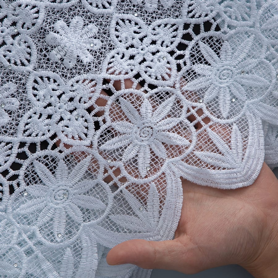 [codex-media-2] White Guipure Cord Lace Fabric with Rhinestones | 5 Yards/pc Nigerian Water Soluble Lace Fabric image 3