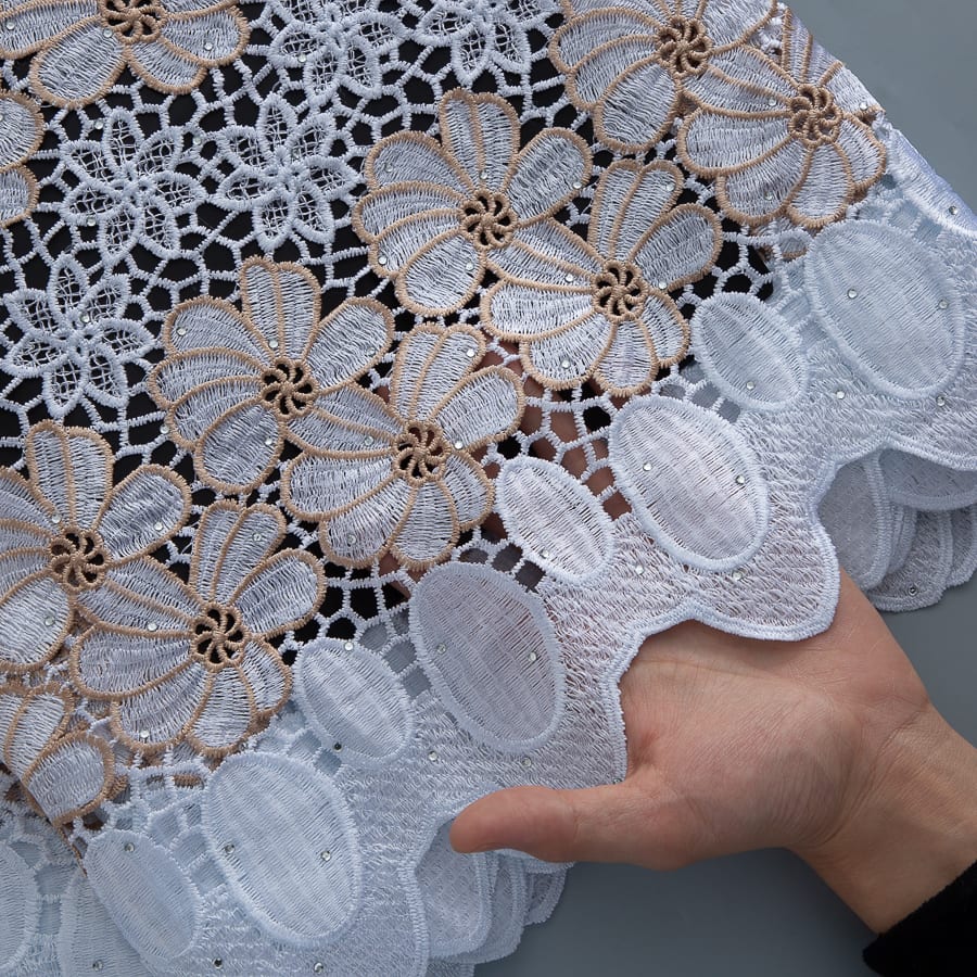 [codex-media-9] White Guipure Cord Lace Fabric with Rhinestones | 5 Yards/pc Nigerian Water Soluble Lace Fabric image 10