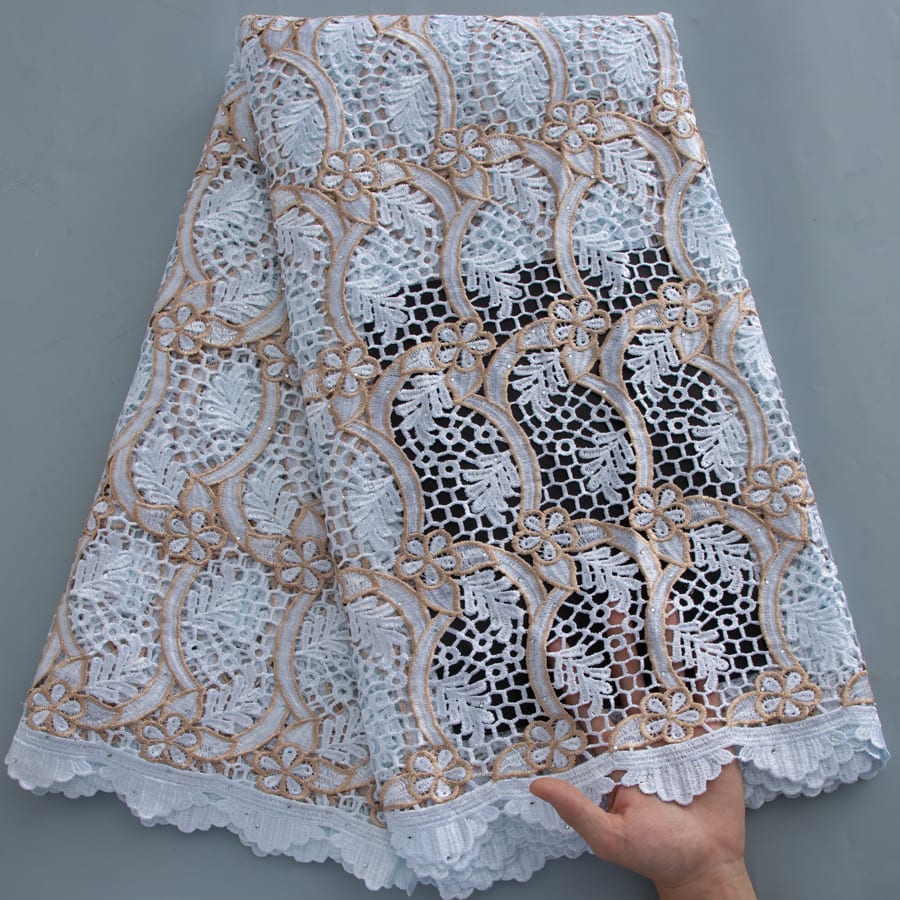 [codex-media-16] White Guipure Cord Lace Fabric with Rhinestones | 5 Yards/pc Nigerian Water Soluble Lace Fabric image 17