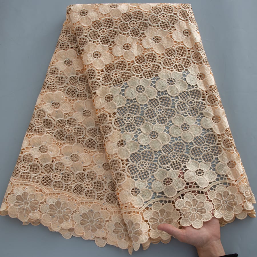 [codex-media-18] Golden Guipure Cord Lace Fabric with Rhinestones | 5 Yards/pc Nigerian Water Soluble Lace Fabric image 19