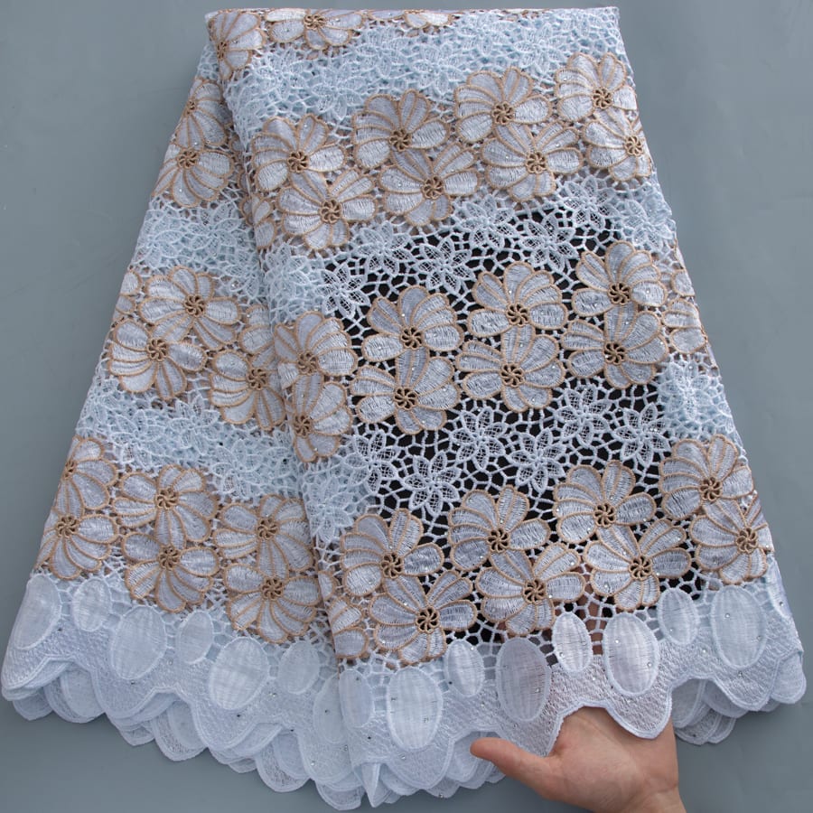 [codex-media-17] White Guipure Cord Lace Fabric with Rhinestones | 5 Yards/pc Nigerian Water Soluble Lace Fabric image 18
