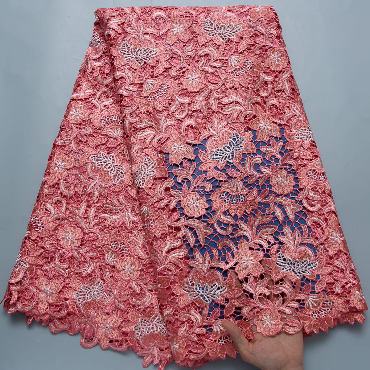 African Guipure Cord Lace Fabric with Rhinestones, Nigerian Lace Fabric for Sew Wedding Party Dress image 2