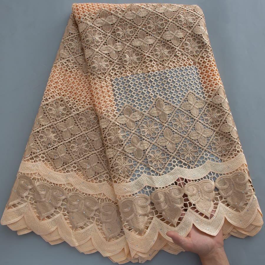 [codex-media-16] Golden Guipure Cord Lace Fabric with Rhinestones | 5 Yards/pc Nigerian Water Soluble Lace Fabric image 17