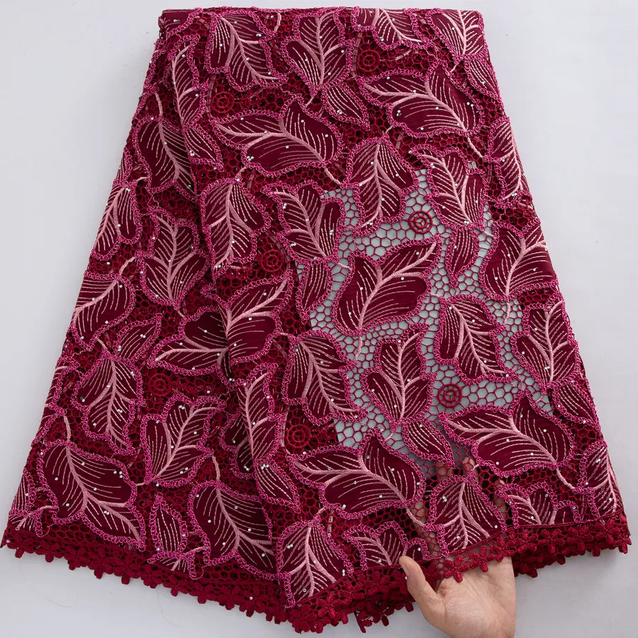 [codex-media-5] Guipure Cord Lace Fabric with Rhinestones | 5 Yards/pc Nigerian Water Soluble Lace Fabric image 6