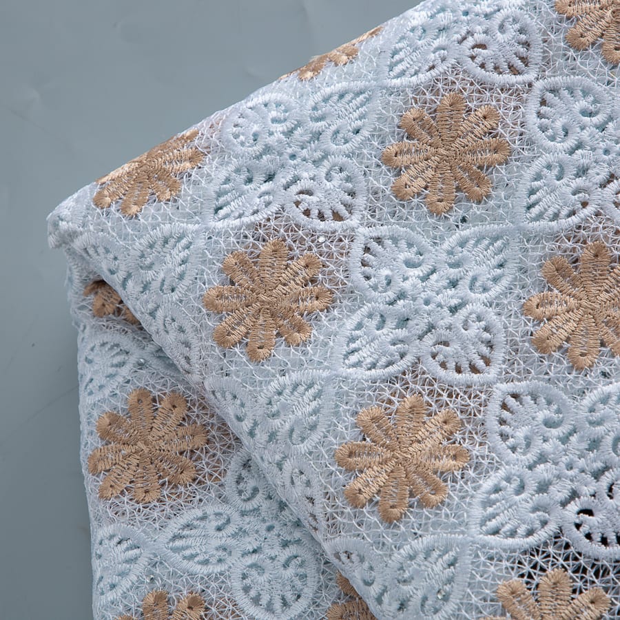 [codex-media-5] White Guipure Cord Lace Fabric with Rhinestones | 5 Yards/pc Nigerian Water Soluble Lace Fabric image 6