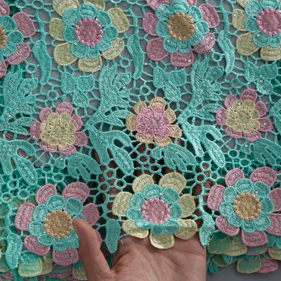 [codex-media-5] Guipure Cord Lace Fabric with Rhinestones | 5 Yards/pc Nigerian Water Soluble Lace Fabric image 6