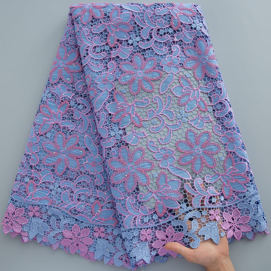 [codex-media-5] Afarican Guipure Cord Lace Fabric with Rhinestones, Nigerian Water Soluble Lace Fabric for Sewing Party Dresses image 6