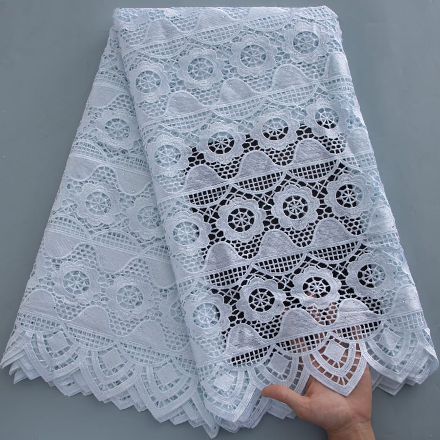 [codex-media-0] White Guipure Cord Lace Fabric with Rhinestones | 5 Yards/pc Nigerian Water Soluble Lace Fabric image 1