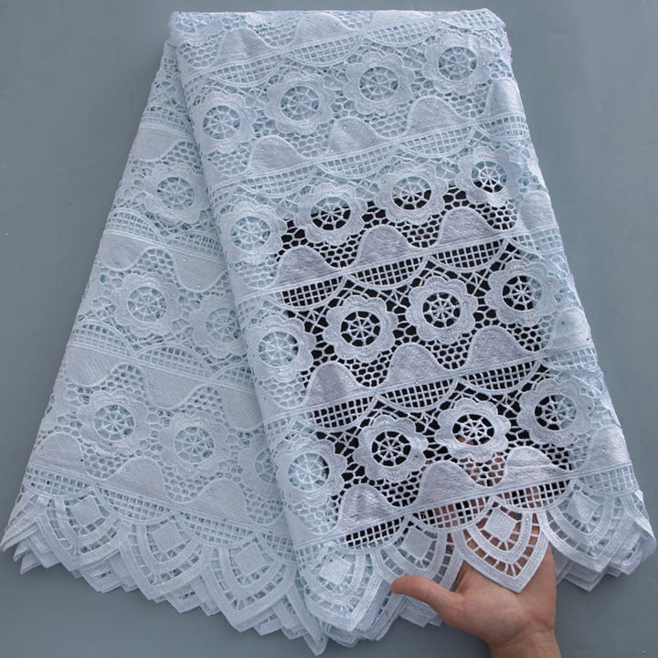 [codex-media-0] White Guipure Cord Lace Fabric with Rhinestones | 5 Yards/pc Nigerian Water Soluble Lace Fabric image 1