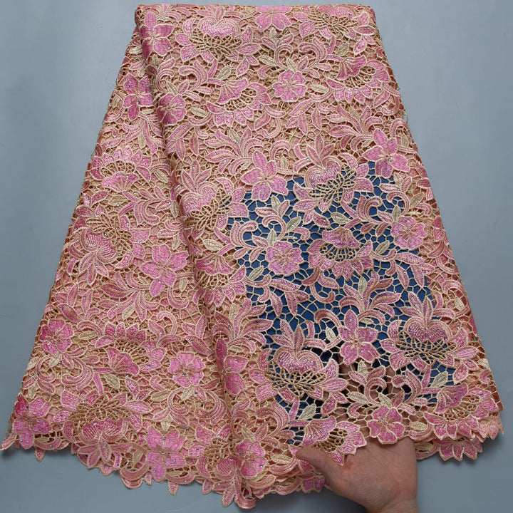 African Guipure Cord Lace Fabric with Rhinestones, Nigerian Lace Fabric for Sew Wedding Party Dress image 1