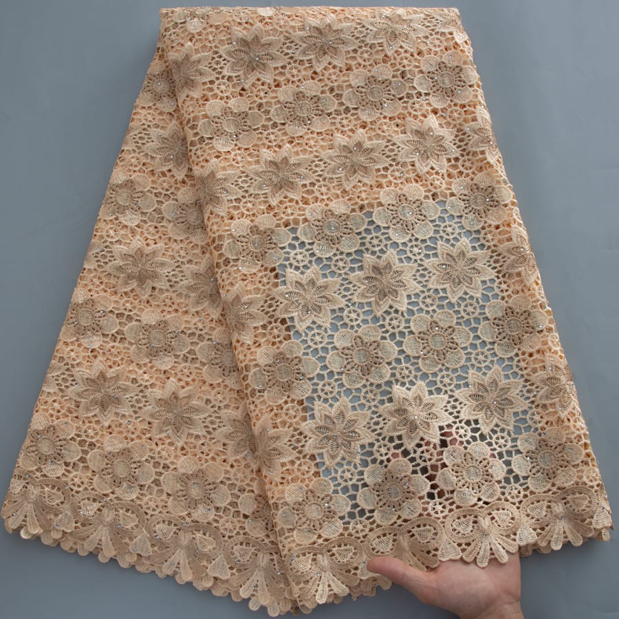 [codex-media-17] Golden Guipure Cord Lace Fabric with Rhinestones | 5 Yards/pc Nigerian Water Soluble Lace Fabric image 18