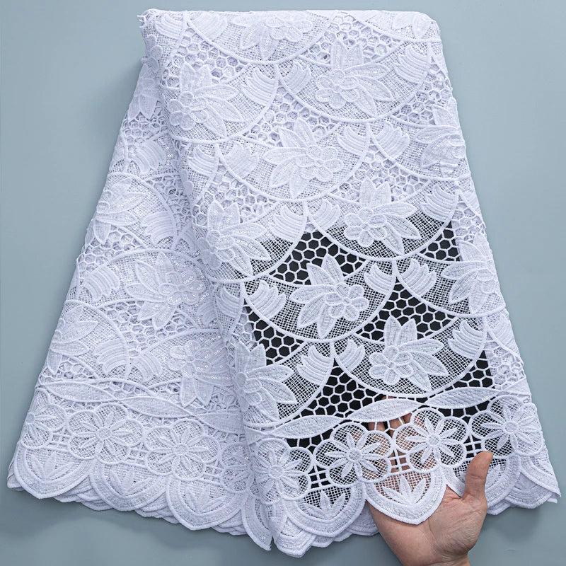 SJD LACE White Guipure Cord Lace Fabric with Sequins 2026 High Quality Lace Material Bridal For Nigerian Wedding Dress A3036