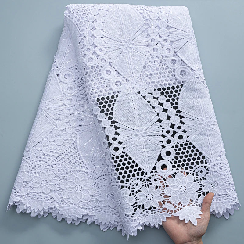 SJD LACE White Guipure Cord Lace Fabric with Sequins 2026 High Quality Lace Material Bridal For Nigerian Wedding Dress A3036