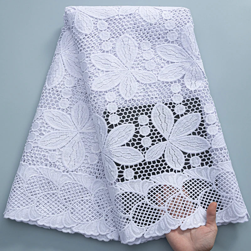SJD LACE White Guipure Cord Lace Fabric with Sequins 2026 High Quality Lace Material Bridal For Nigerian Wedding Dress A3036