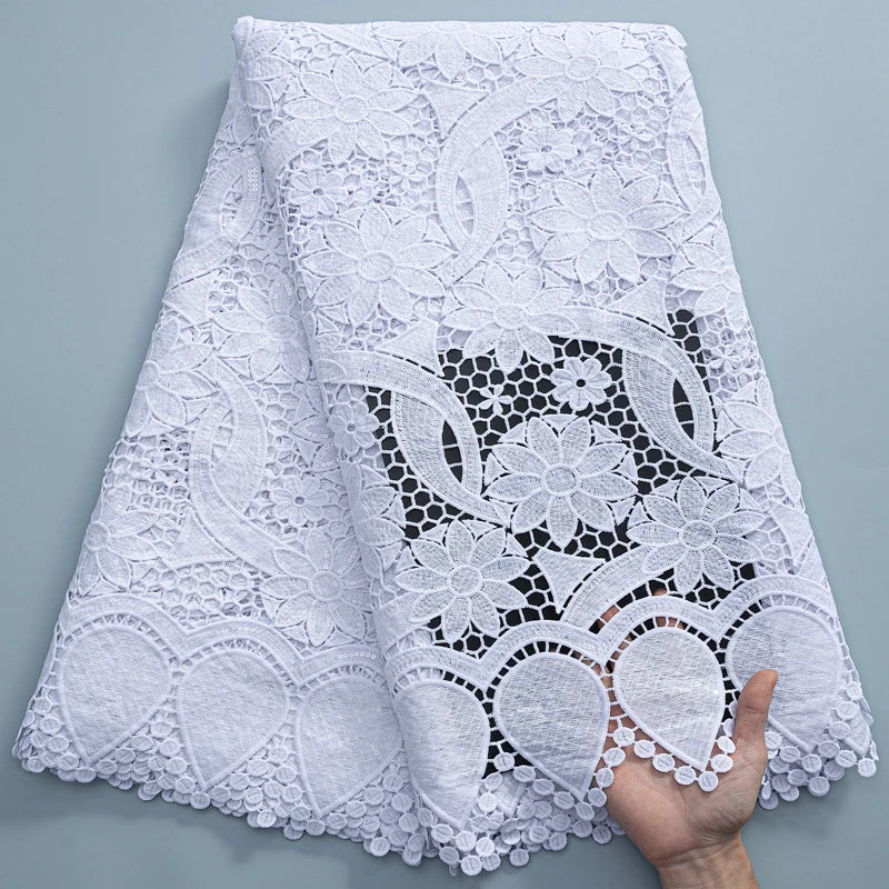 SJD LACE White Guipure Cord Lace Fabric with Sequins 2026 High Quality Lace Material Bridal For Nigerian Wedding Dress A3036