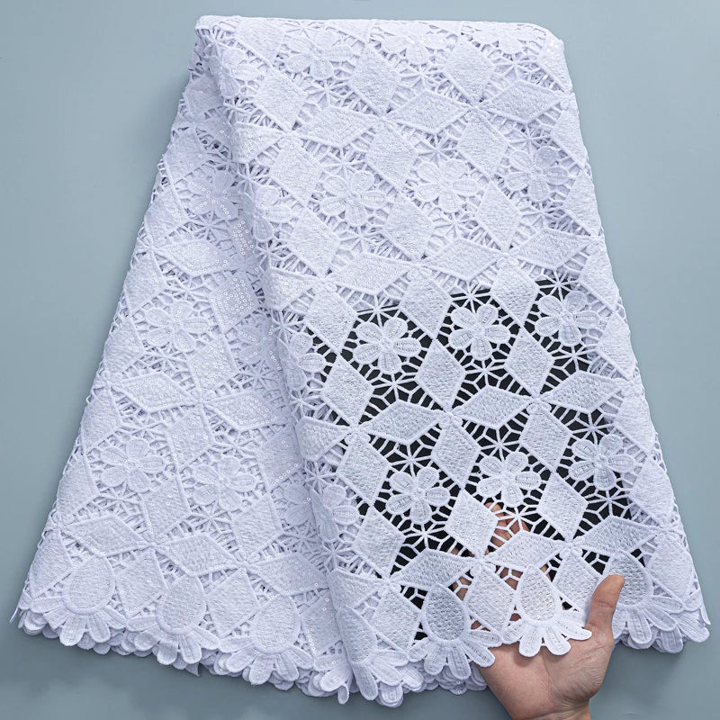 SJD LACE White Guipure Cord Lace Fabric with Sequins 2026 High Quality Lace Material Bridal For Nigerian Wedding Dress A3036
