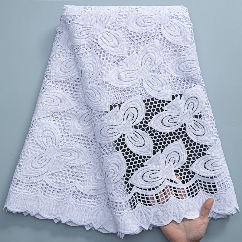 SJD LACE White Guipure Cord Lace Fabric with Sequins 2026 High Quality Lace Material Bridal For Nigerian Wedding Dress A3036