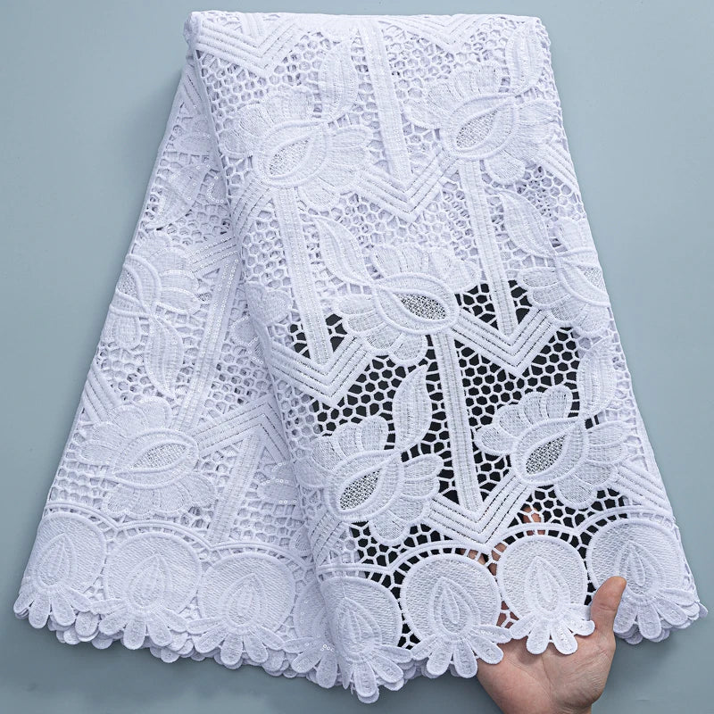 SJD LACE White Guipure Cord Lace Fabric with Sequins 2026 High Quality Lace Material Bridal For Nigerian Wedding Dress A3036