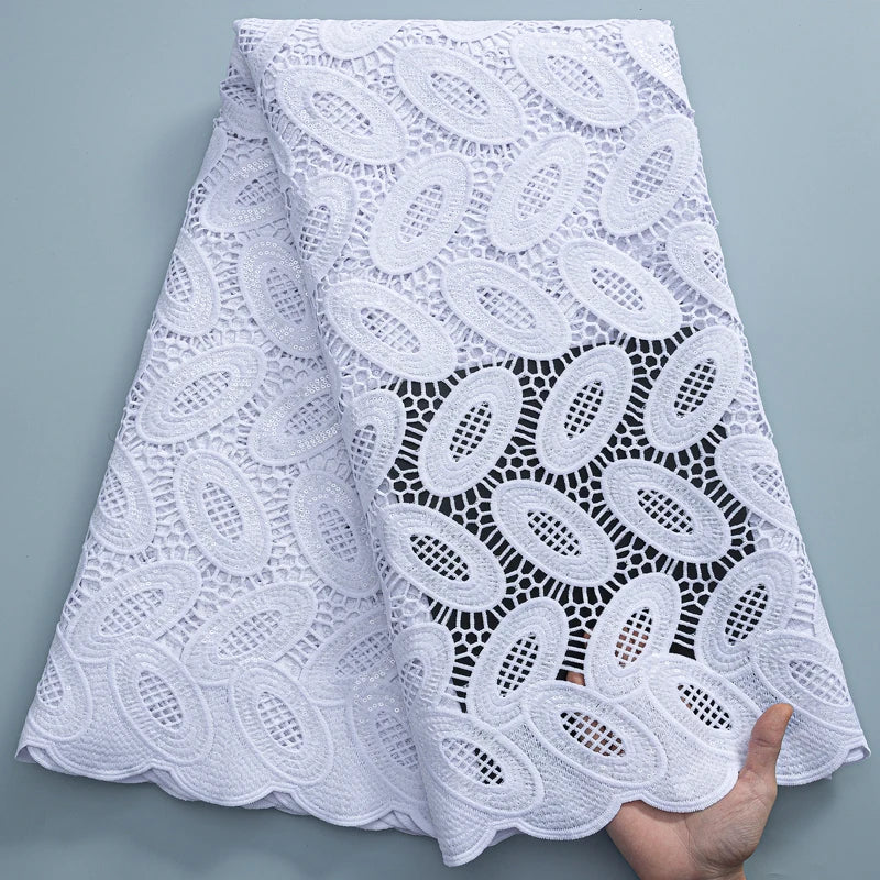 SJD LACE White Guipure Cord Lace Fabric with Sequins 2026 High Quality Lace Material Bridal For Nigerian Wedding Dress A3036