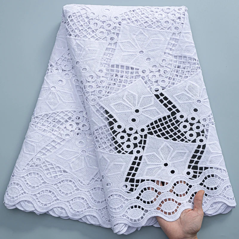 SJD LACE White Guipure Cord Lace Fabric with Sequins 2026 High Quality Lace Material Bridal For Nigerian Wedding Dress A3036