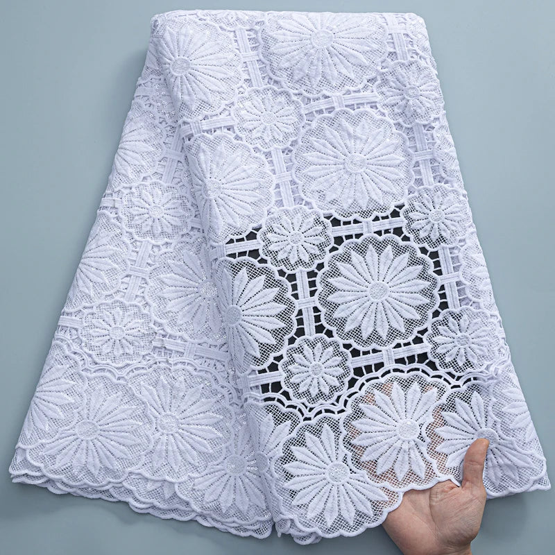 SJD LACE White Guipure Cord Lace Fabric with Sequins 2026 High Quality Lace Material Bridal For Nigerian Wedding Dress A3036