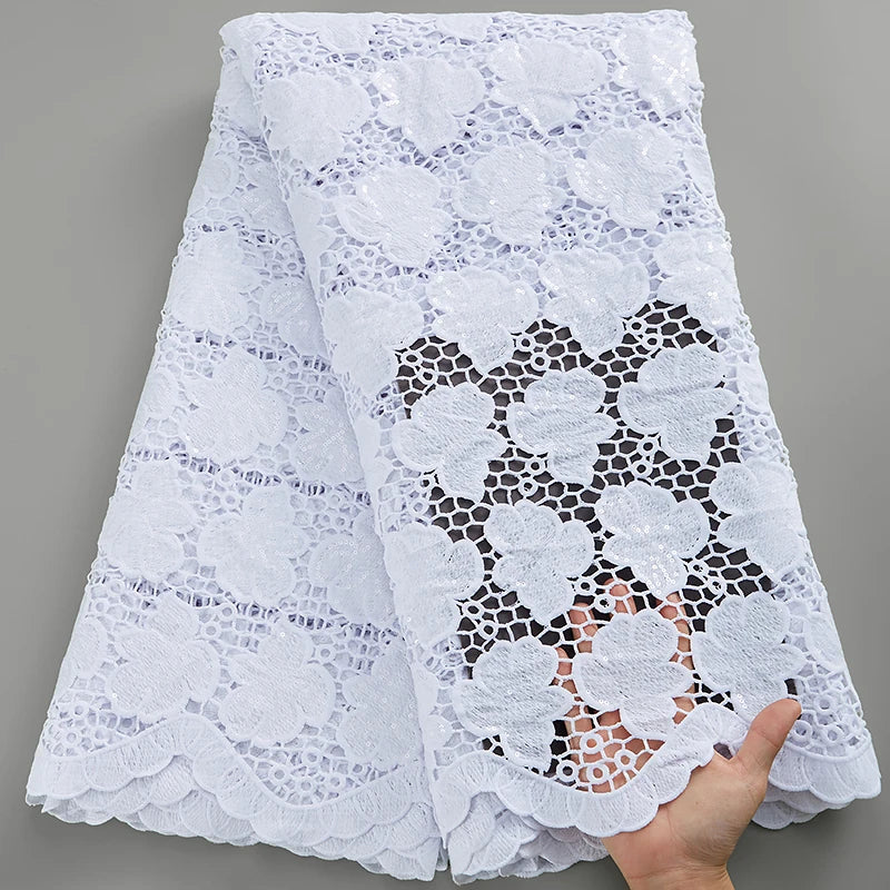 SJD LACE White Guipure Cord Lace Fabric with Sequins 2026 High Quality Lace Material Bridal For Nigerian Wedding Dress A3036