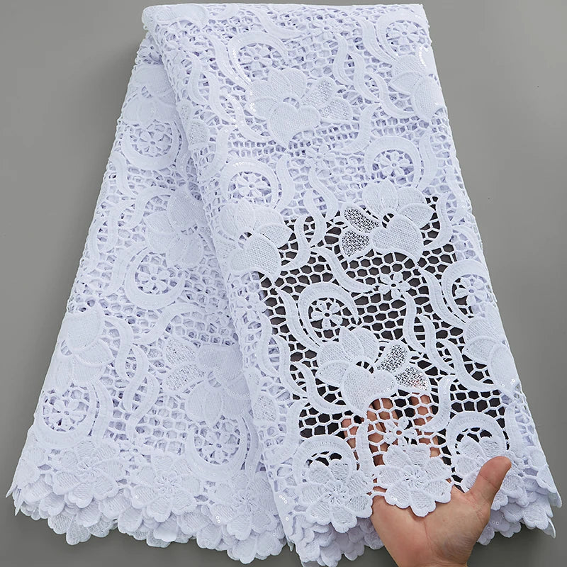 SJD LACE White Guipure Cord Lace Fabric with Sequins 2026 High Quality Lace Material Bridal For Nigerian Wedding Dress A3036