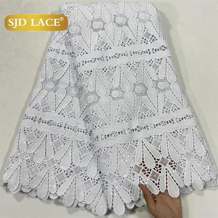 SJD LACE White Guipure Cord Lace Fabric with Sequins 2026 High Quality Lace Material Bridal For Nigerian Wedding Dress A3036