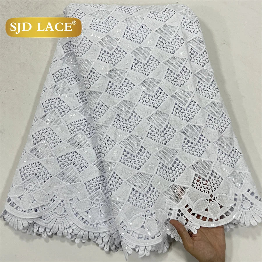 SJD LACE White Guipure Cord Lace Fabric with Sequins 2026 High Quality Lace Material Bridal For Nigerian Wedding Dress A3036