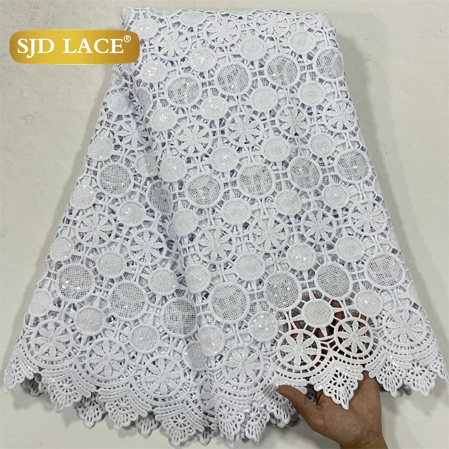 SJD LACE White Guipure Cord Lace Fabric with Sequins 2026 High Quality Lace Material Bridal For Nigerian Wedding Dress A3036