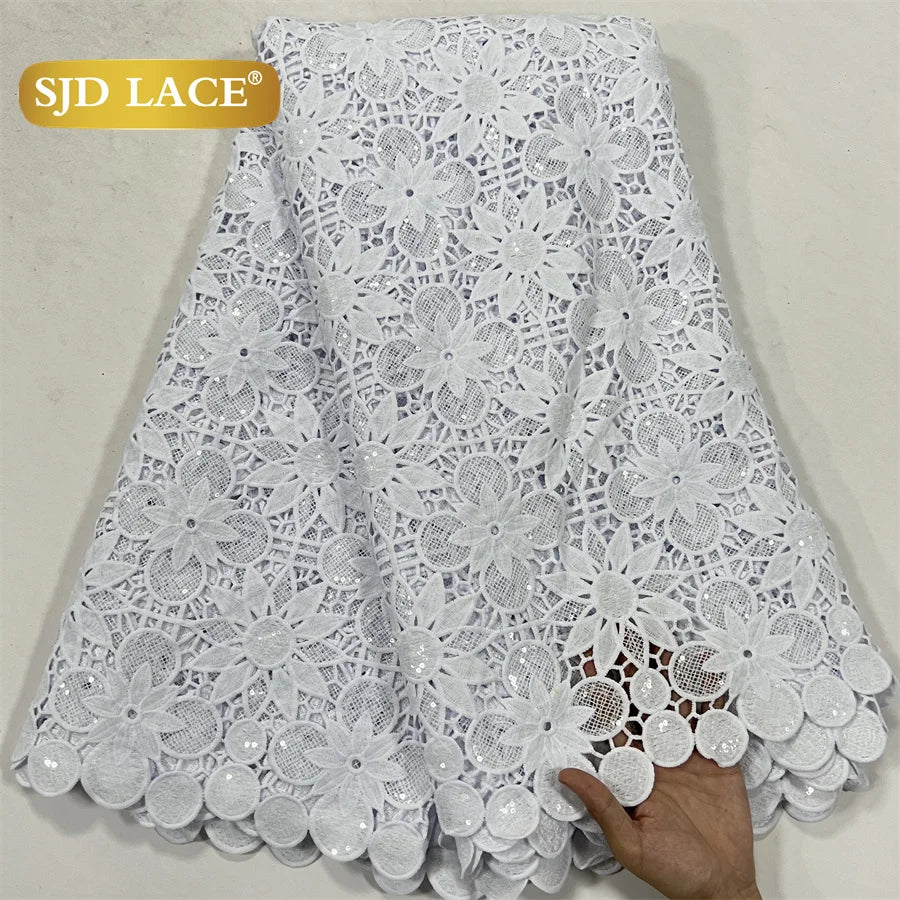 SJD LACE White Guipure Cord Lace Fabric with Sequins 2026 High Quality Lace Material Bridal For Nigerian Wedding Dress A3036
