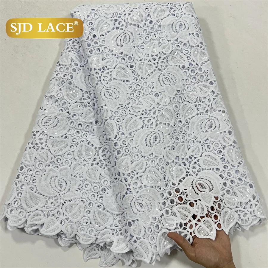 SJD LACE White Guipure Cord Lace Fabric with Sequins 2026 High Quality Lace Material Bridal For Nigerian Wedding Dress A3036