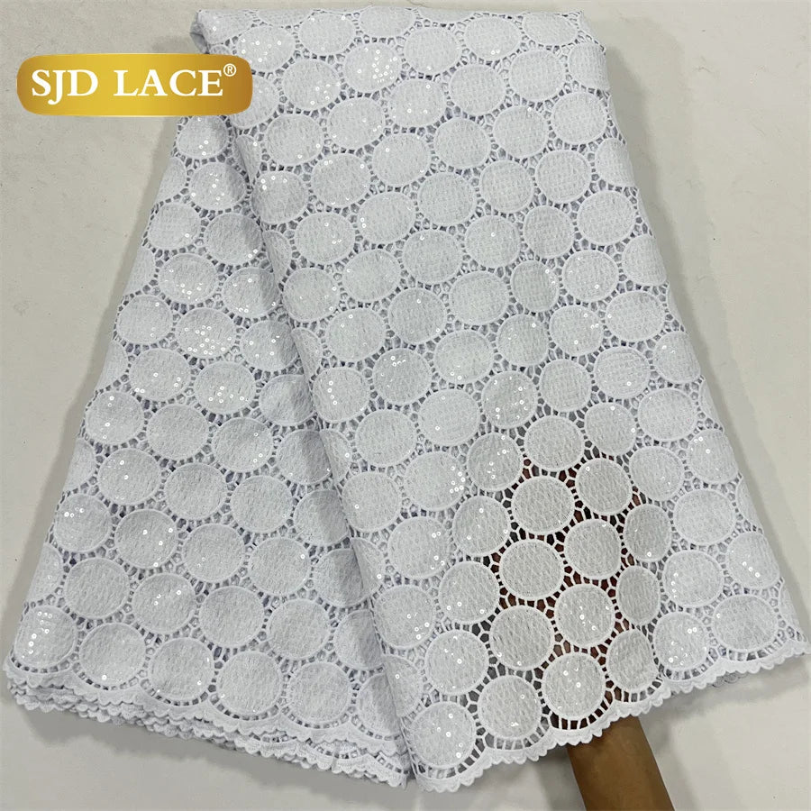 SJD LACE White Guipure Cord Lace Fabric with Sequins 2026 High Quality Lace Material Bridal For Nigerian Wedding Dress A3036