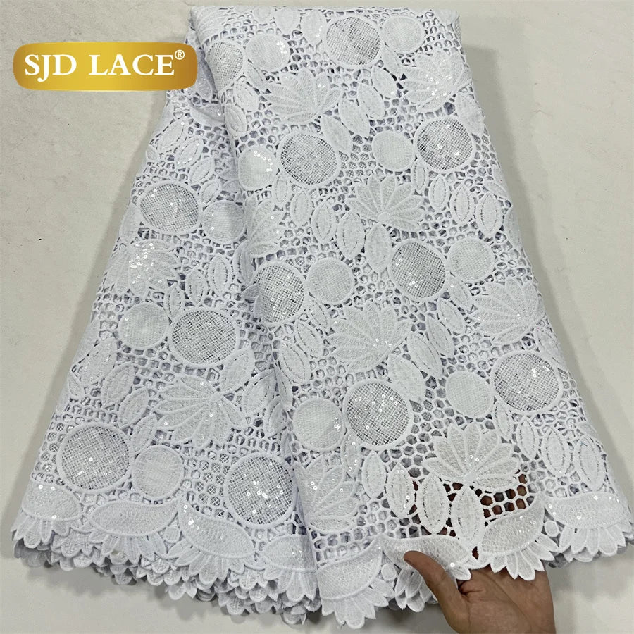 SJD LACE White Guipure Cord Lace Fabric with Sequins 2026 High Quality Lace Material Bridal For Nigerian Wedding Dress A3036