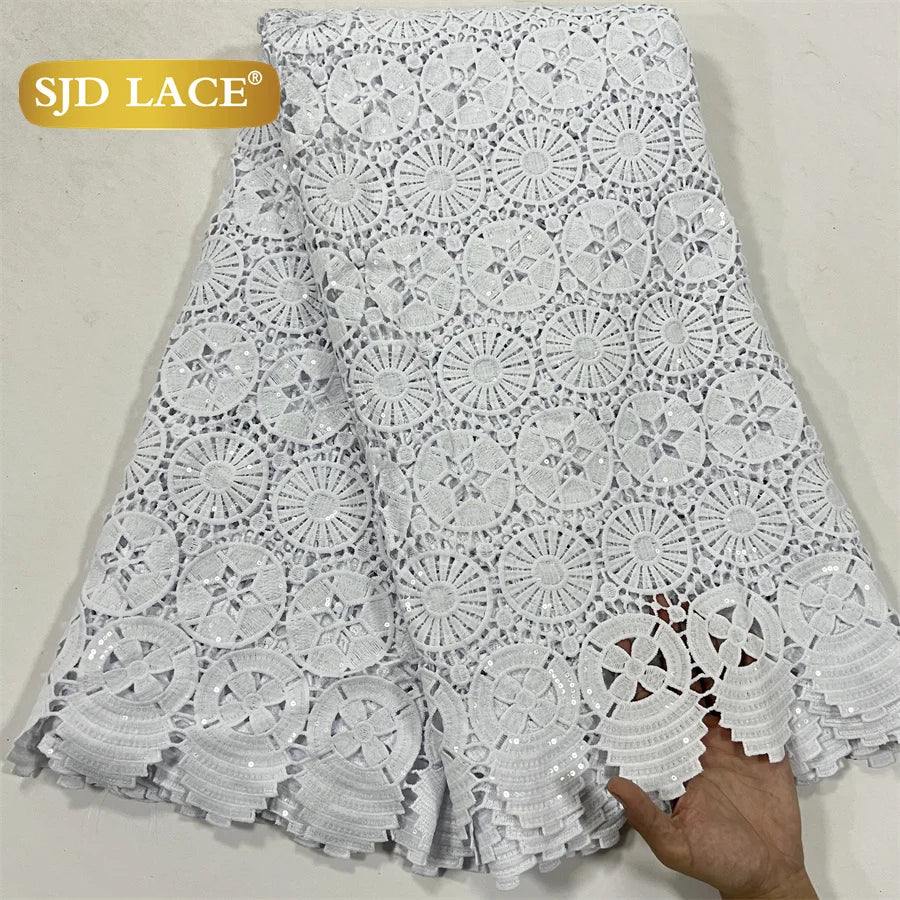 SJD LACE White Guipure Cord Lace Fabric with Sequins 2026 High Quality Lace Material Bridal For Nigerian Wedding Dress A3036