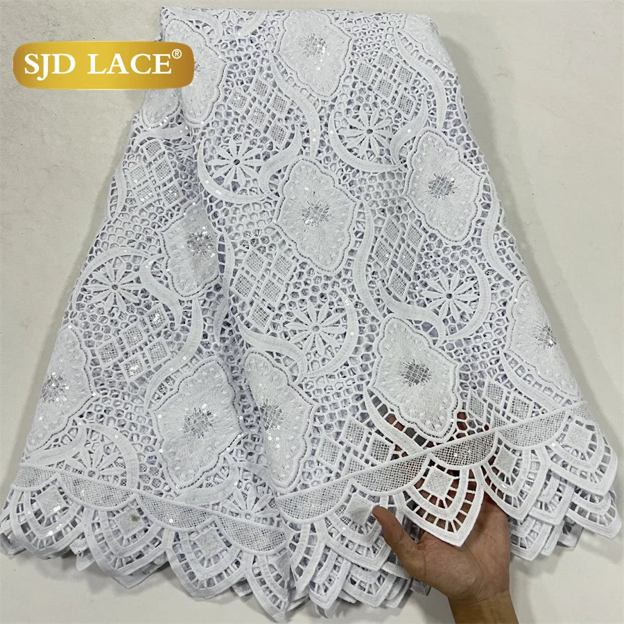 SJD LACE White Guipure Cord Lace Fabric with Sequins 2026 High Quality Lace Material Bridal For Nigerian Wedding Dress A3036