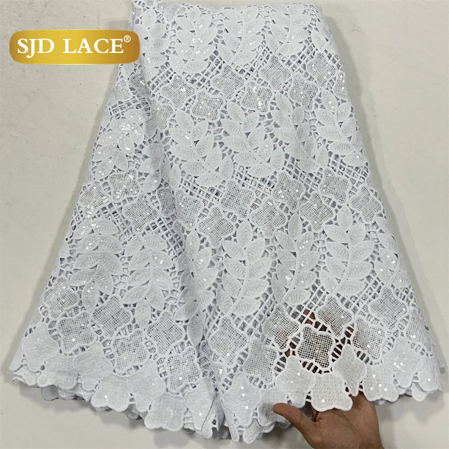 SJD LACE White Guipure Cord Lace Fabric with Sequins 2026 High Quality Lace Material Bridal For Nigerian Wedding Dress A3036