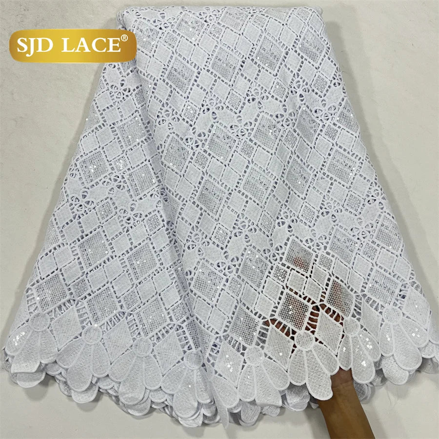 SJD LACE White Guipure Cord Lace Fabric with Sequins 2026 High Quality Lace Material Bridal For Nigerian Wedding Dress A3036