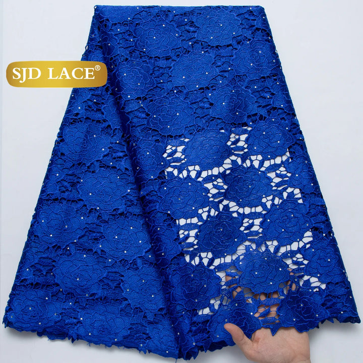 SJD LACE Navy Blue Nigerian Cord Lace Fabric 5Yards 2026 Latest African Stones Water Soluble Lace for Women Party Dress Sew 4684