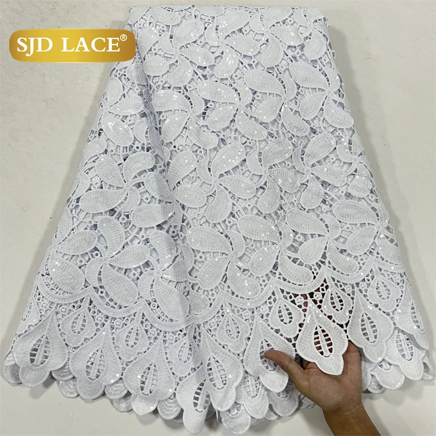 SJD LACE White Guipure Cord Lace Fabric with Sequins 2026 High Quality Lace Material Bridal For Nigerian Wedding Dress A3036