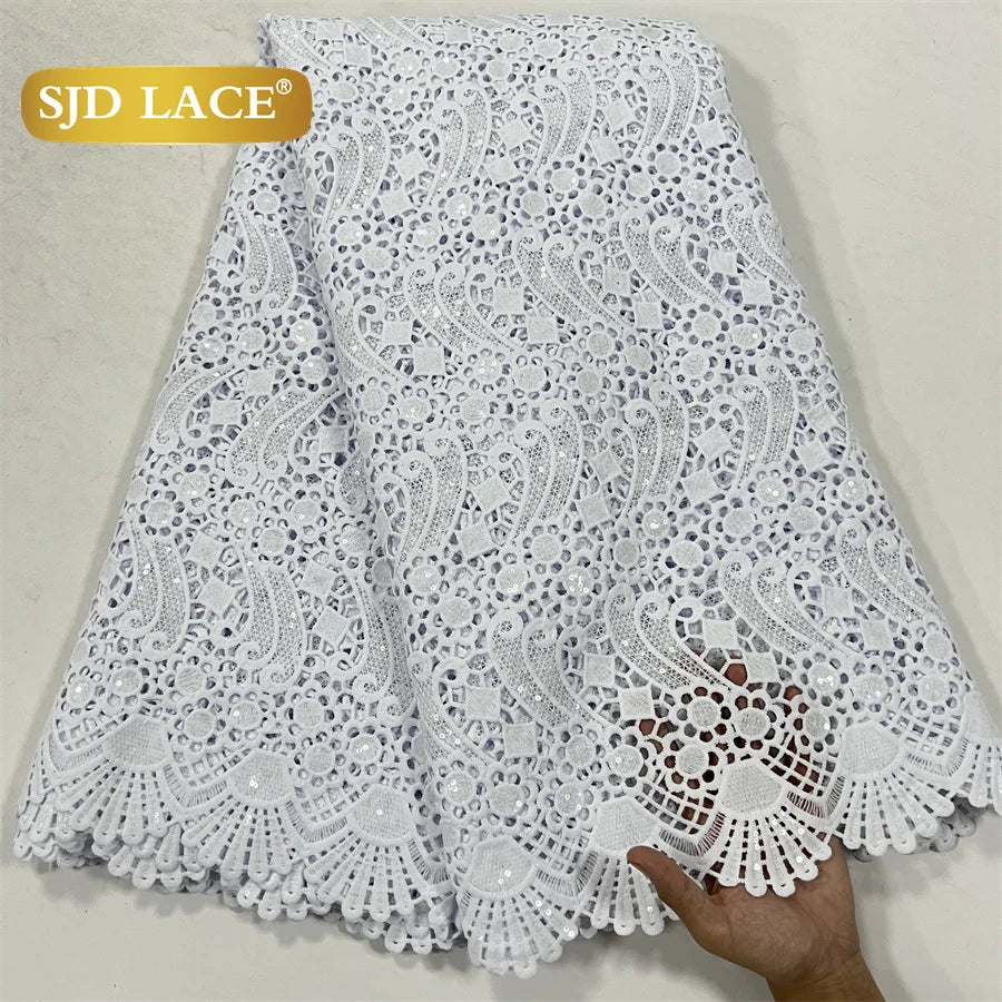SJD LACE White Guipure Cord Lace Fabric with Sequins 2026 High Quality Lace Material Bridal For Nigerian Wedding Dress A3036