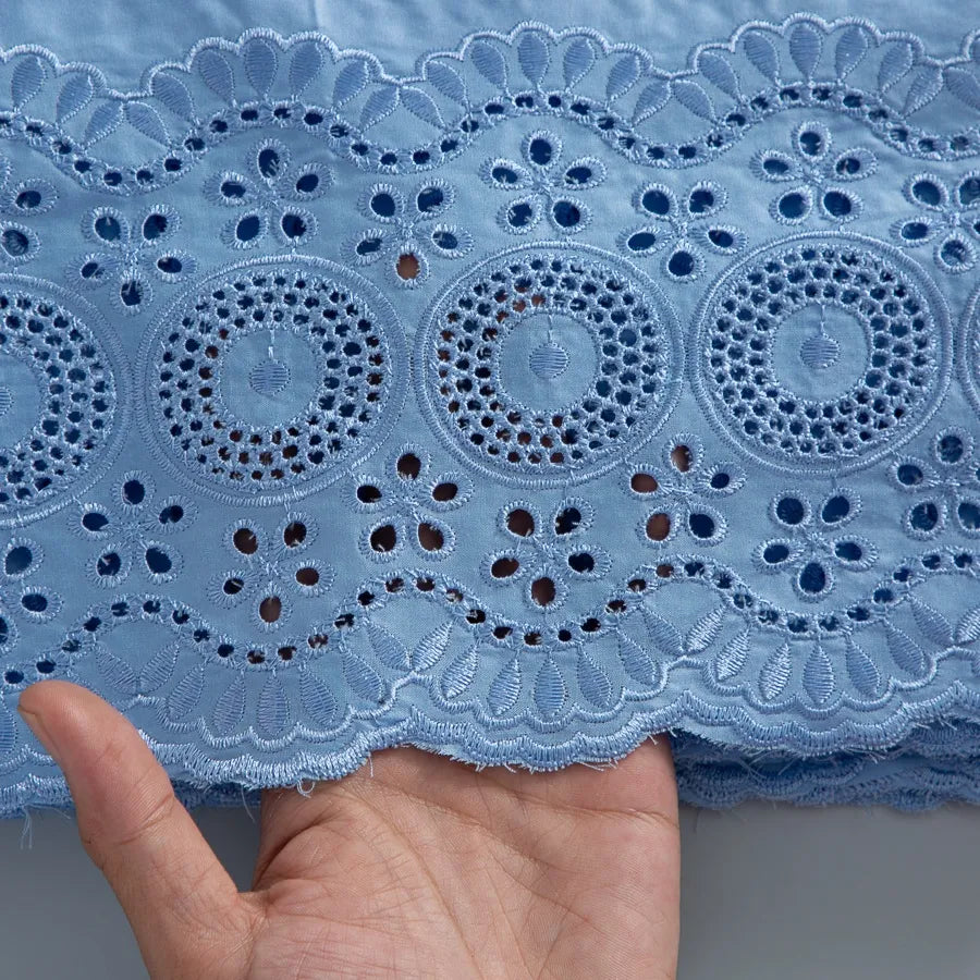 [codex-media-14] Navy Blue Embroidered Eyelet (Circular & Floral Cutout Motifs) Swiss Voile Lace Fabric 5 Yards | 4930 image 15