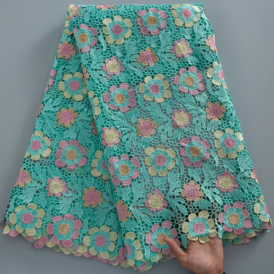 [codex-media-4] Guipure Cord Lace Fabric with Rhinestones | 5 Yards/pc Nigerian Water Soluble Lace Fabric image 5